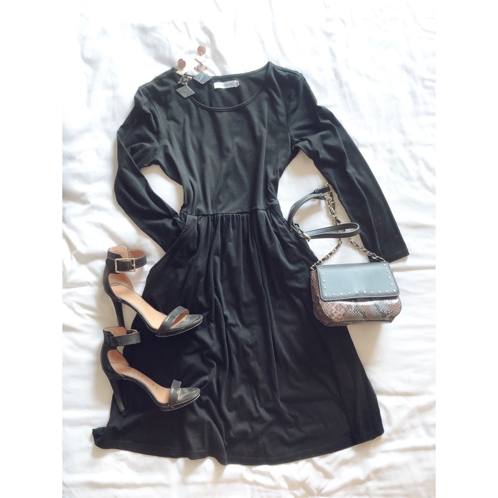 Black long sleeve midi dress with pockets
